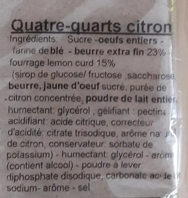 Quatre quarts citron ingredients label