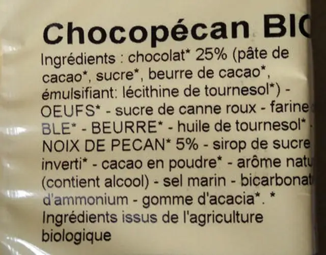 Chocopécan ingredients label
