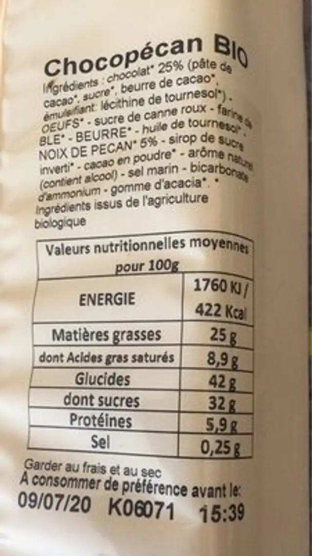 Chocopécan nutrition facts table
