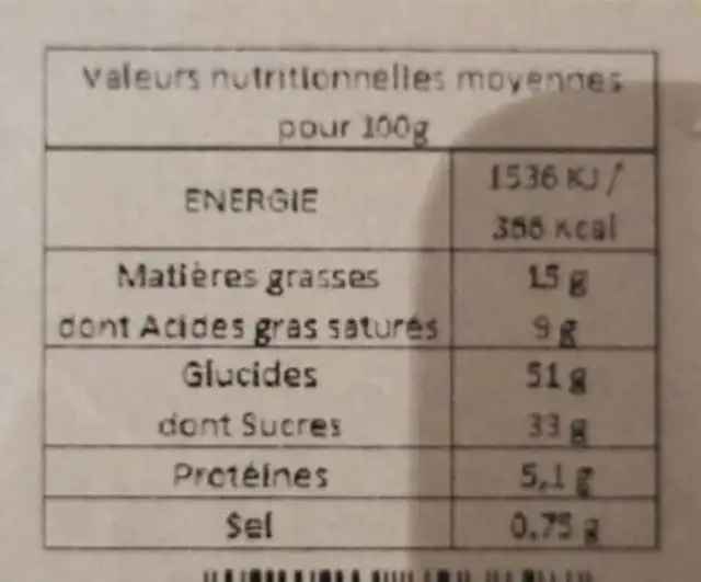 Moelleux au biscuit rose framboise nutrition facts table