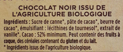 Noir  pâtissier 52% cacao bio ingredients label