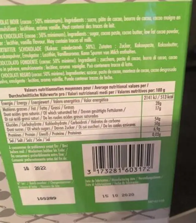 Chocolat noir 50% nutrition facts table