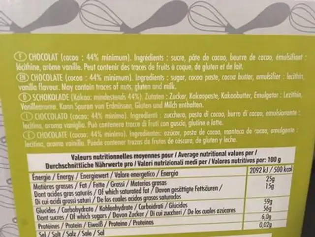 Chocolat noir 44% ingredients label