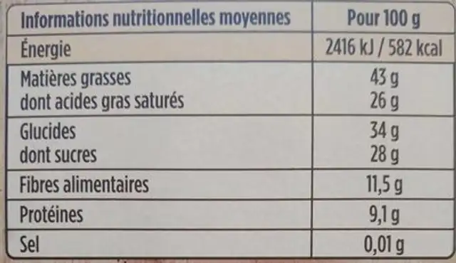 Bio noir 72% cacao nutrition facts table