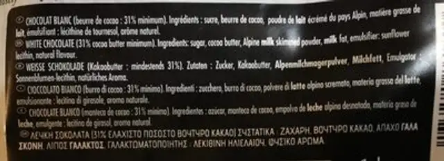 Chocolat blanc ingredients label