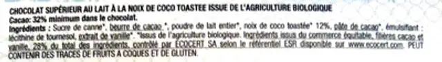 Nature Lait Noix de coco bio ingredients label