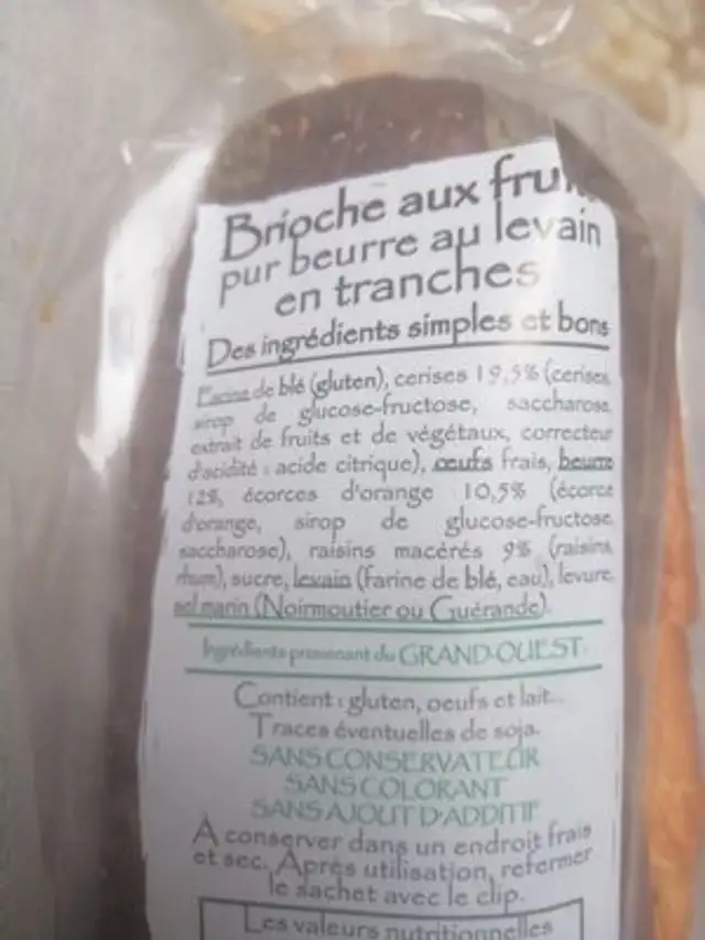 Brioche aux Fruits nutrition facts table
