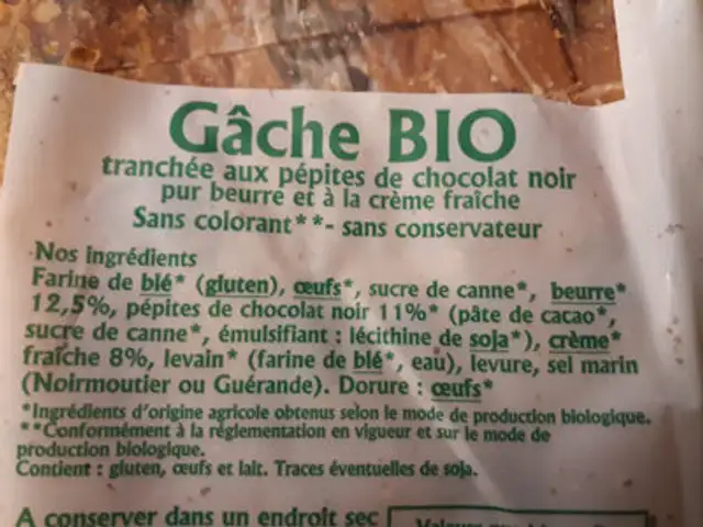 Gache bio tranchee pépite de chocolat ingredients label