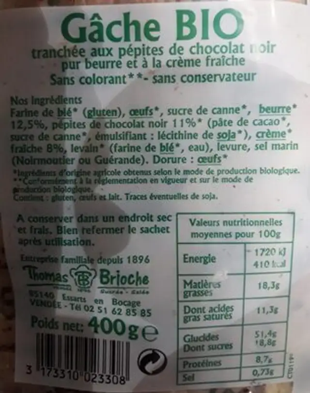Gache bio tranchee pépite de chocolat nutrition facts table