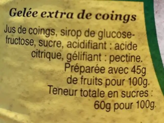 Gelée de coing ingredients label