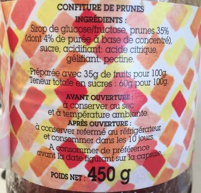Confiture de prune ingredients label