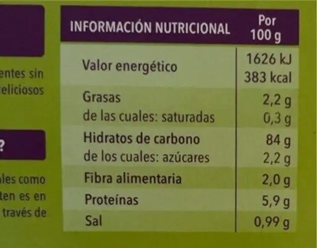 Tostadas de maíz y arroz sin gluten nutrition facts table