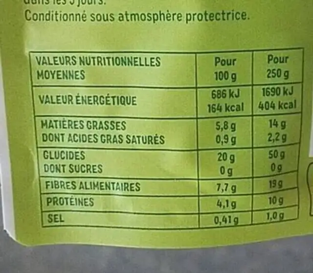 Orge,lentilles verte, riz rouge nutrition facts table