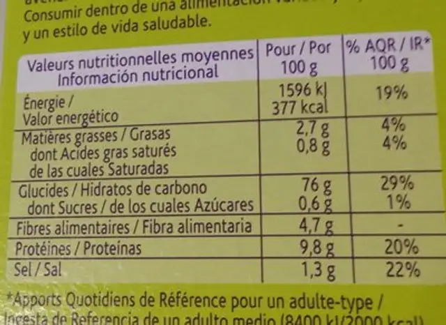 Tartine avoine nutrition facts table