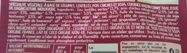 Curry thaï ingredients label