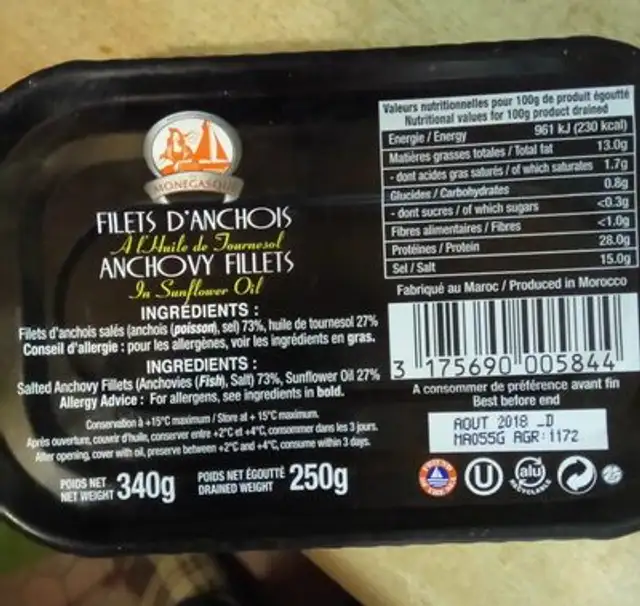 Filets d’anchois à l’huile de tournesol ingredients label