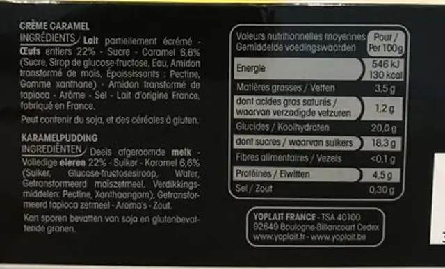 Crème Caramel à Trancher (10 à 12 Parts) 3,4% ingredients label
