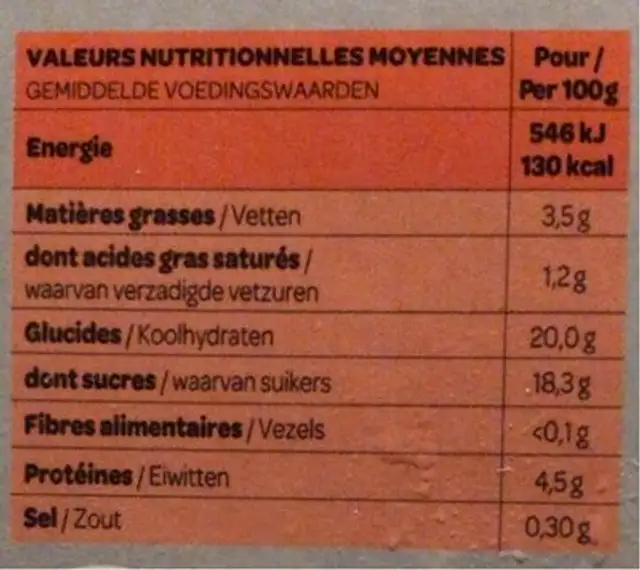 Crème Caramel à Trancher (10 à 12 Parts) 3,4% nutrition facts table