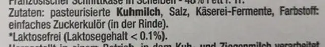 Französischer Schnittkäse in Scheiben ingredients label