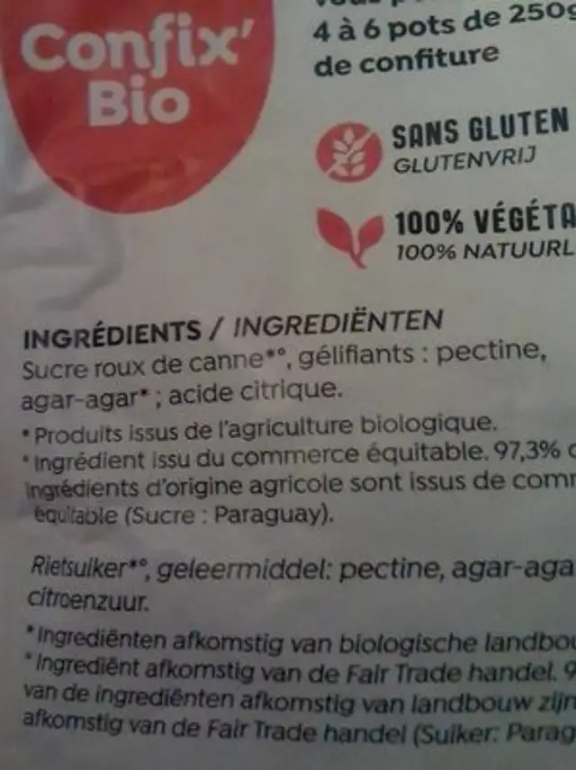 Préparation gélifiante Confix'bio ingredients label