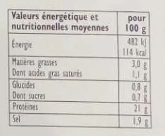 Jambon Le Foué nutrition facts table