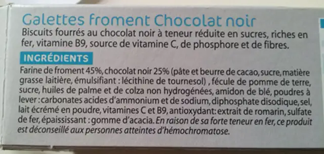Galettes froment Chocolat noir ingredients label