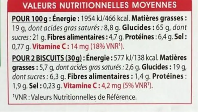 Galettes froment Chocolat noir nutrition facts table