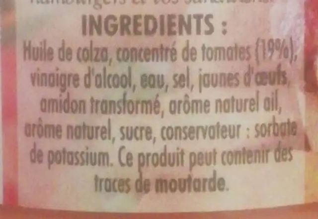 Sauce américaine ingredients label