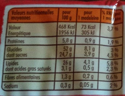 Madeleines Longues au Chocolat nutrition facts table