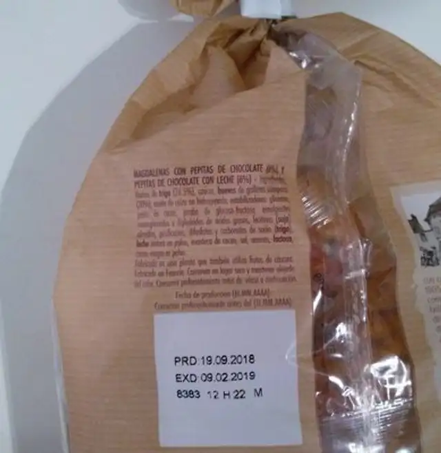 Madeleine con pepitas de chocolate ingredients label