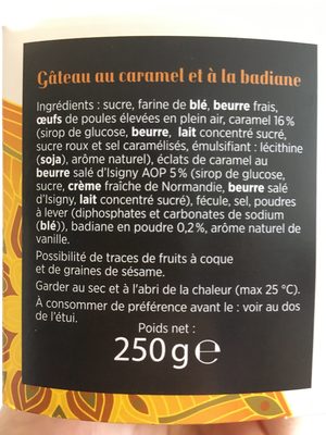 Gâteau Caramel Badiane ingredients label