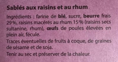 Sablés rhum raisin ingredients label