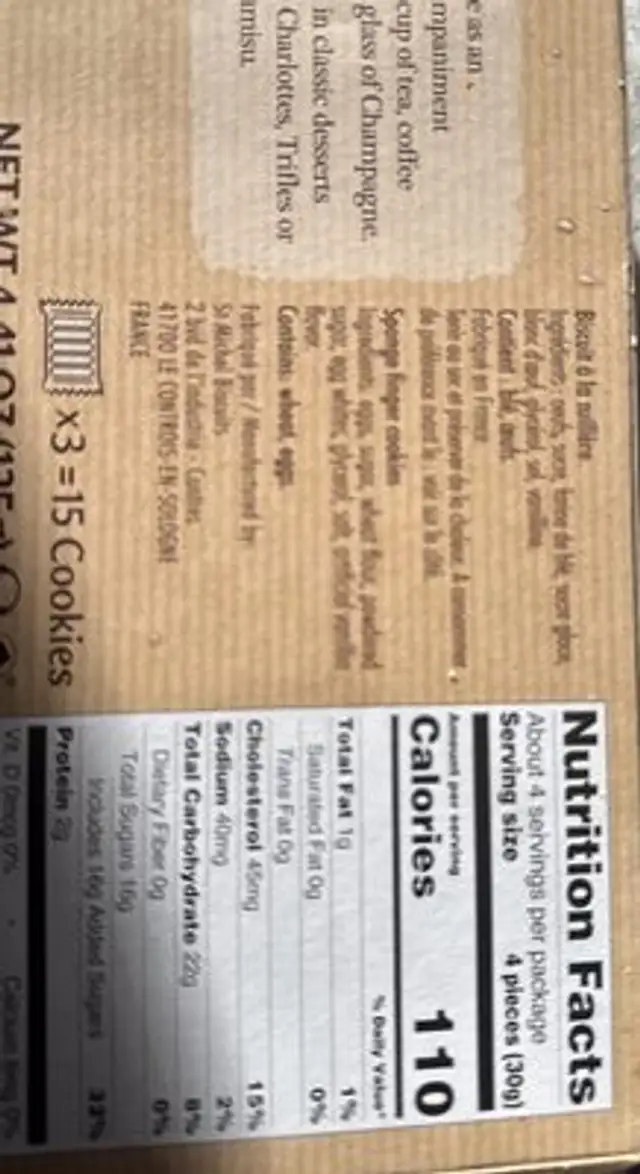 Soft ladyfingers ingredients label
