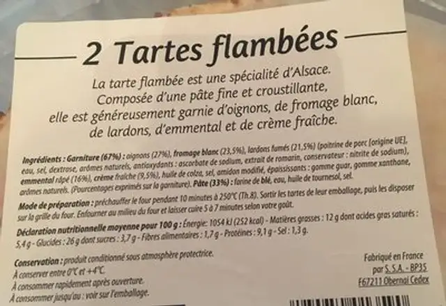 Tarte flambée ingredients label