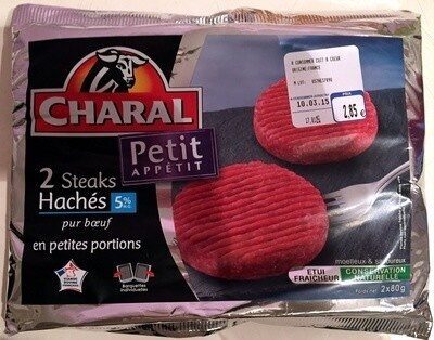 Petit appétit - 2 steaks hachés 5% pur bœuf front packaging
