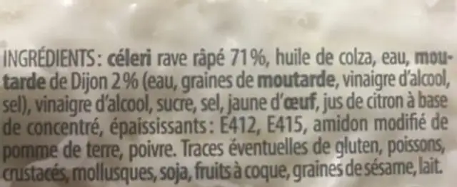 Céleri rémoulade ingredients label