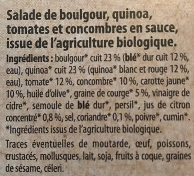 Ma salade repas Bio ingredients label