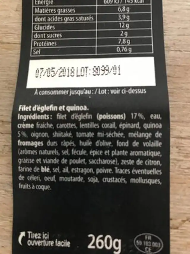 Filet d'églefin et son quinoa façon risotto ingredients label
