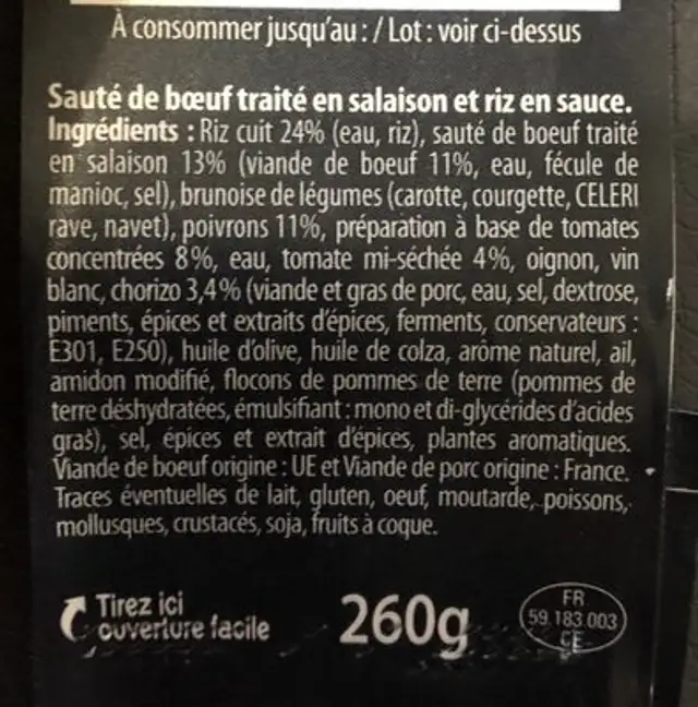 Sauté de boeuf au chorizo ingredients label