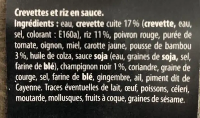 Crevettes sauce piquante& riz aux pousses de bambou ingredients label