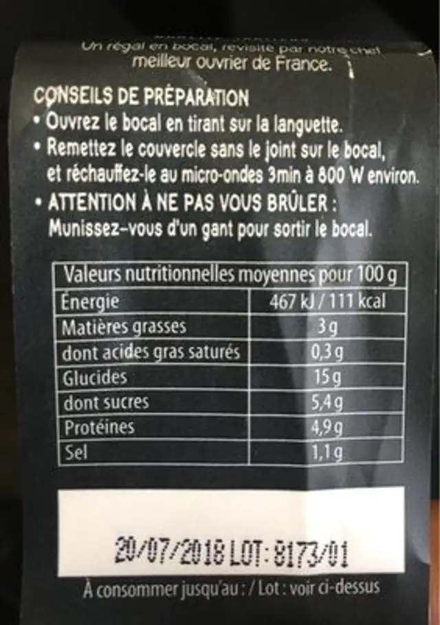 Crevettes sauce piquante& riz aux pousses de bambou nutrition facts table