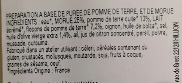 Brandade de morue ingredients label