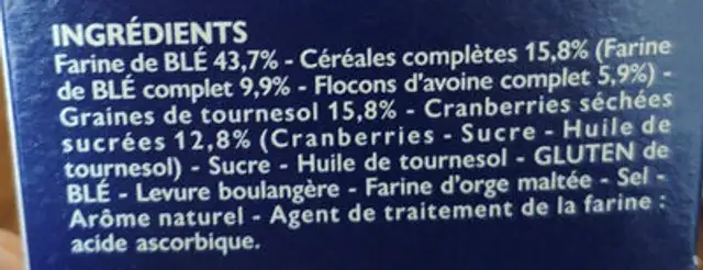 Crousti'dej cranberry & céréales ingredients label