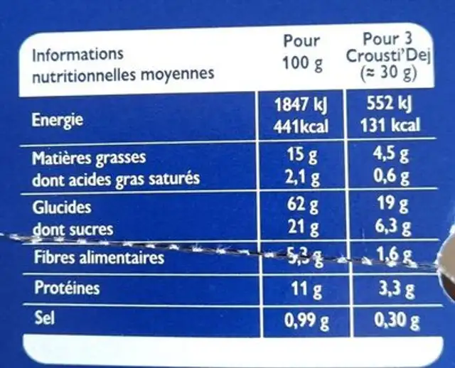Crousti'dej cranberry & céréales nutrition facts table