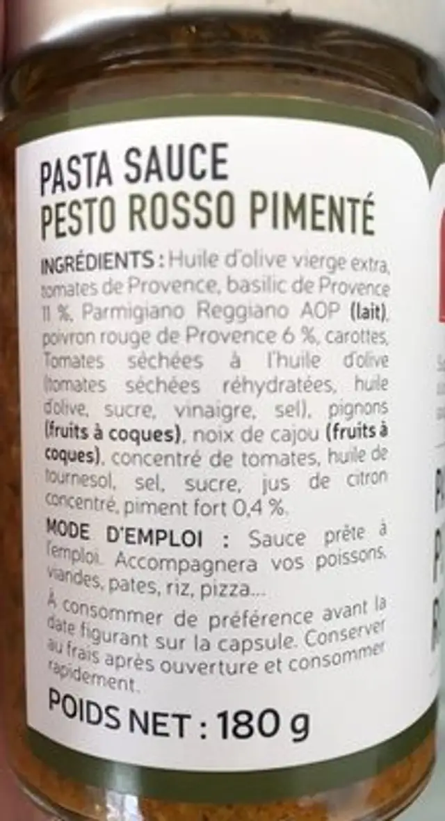 Pesto Rosso Pimenté 180G ingredients label