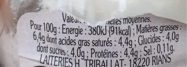 Yaourt la brebis nutrition facts table