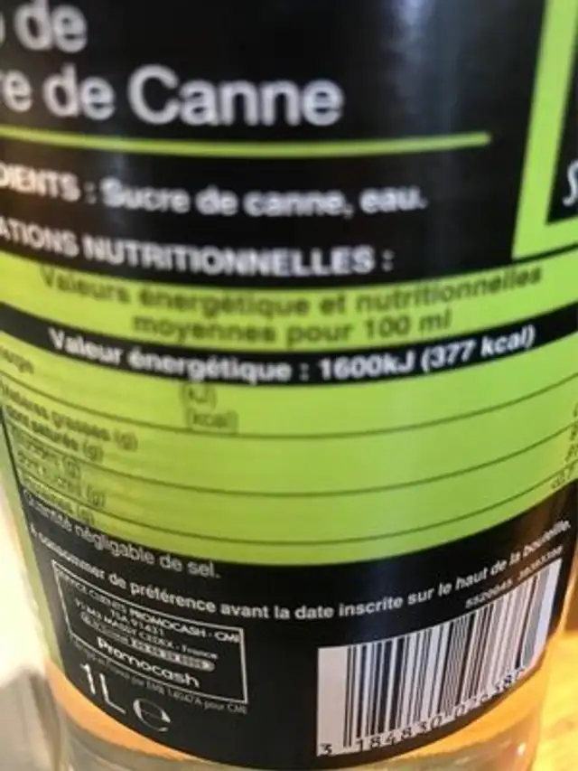 Sirop de sucre de Canne nutrition facts table