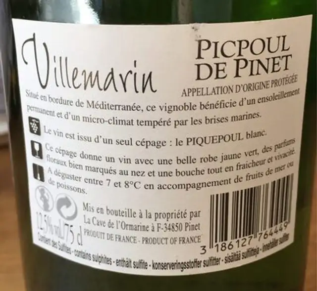 Picpoul de pinet ingredients label