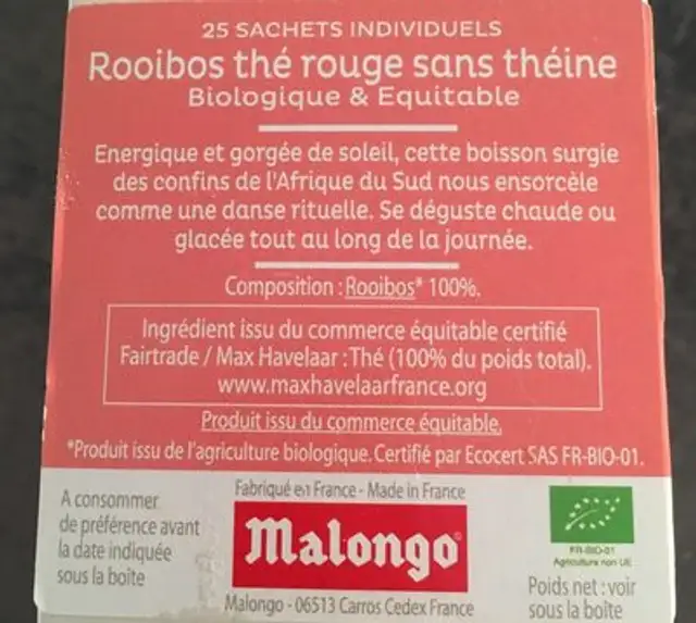 Bio tea malongo rooibos thé rouge ingredients label
