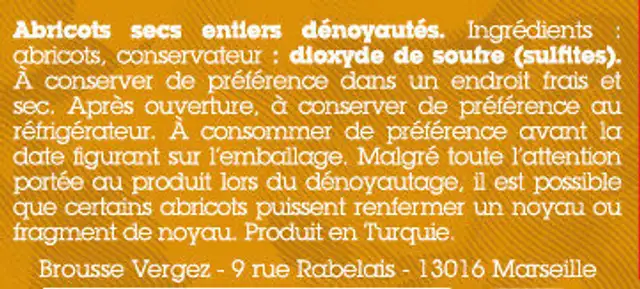 Abricots secs ingredients label